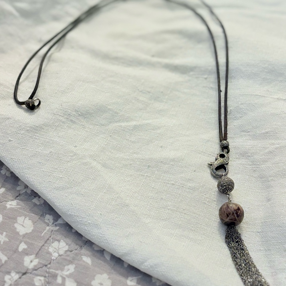 Diamond and leather gorgeous necklace with mala bead pendant